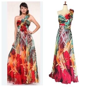 Cinderella Bright Floral One Ruffle Shoulder Silky Formal Maxi Dress Size 6